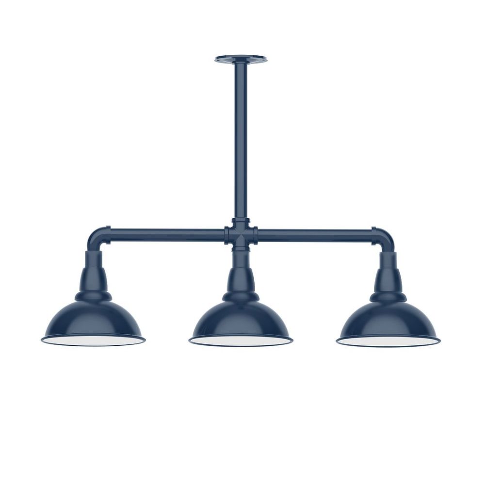 Montclair Lightworks MSK105-50-W08 8" Cafe shade, 3-light stem hung pendant with wire grill, Navy